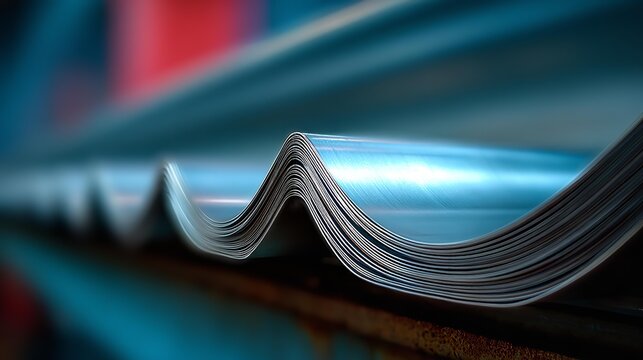 Metal sheets curl in rhythmic waves, gleaming under cool light