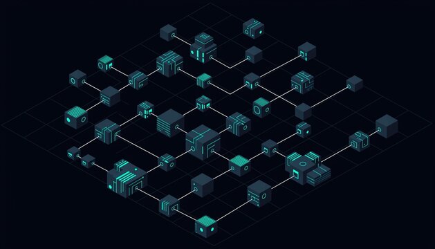 An isometric illustration of a decentralized network showing nodes glowing green across a dark grid.  