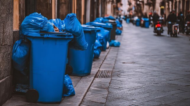 Overflowing garbage bins line urban street.