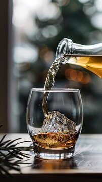 Golden liquid pours into glass with ice cubes