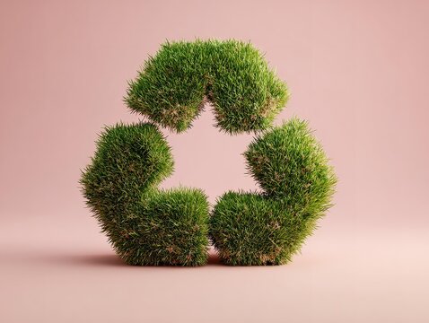 Lush grass forms recycling symbol with natural texture