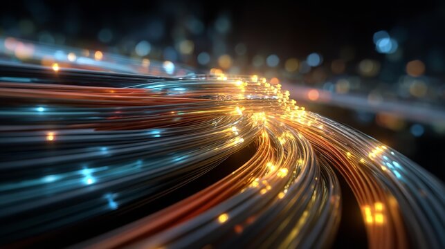 fiber optic cable connection with glowing strands, showcasing technology and data transfer