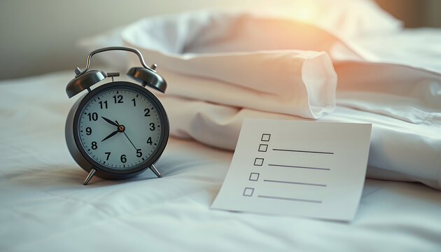 Alarm clock and morning to do list on white bed sheets for daily planning concept