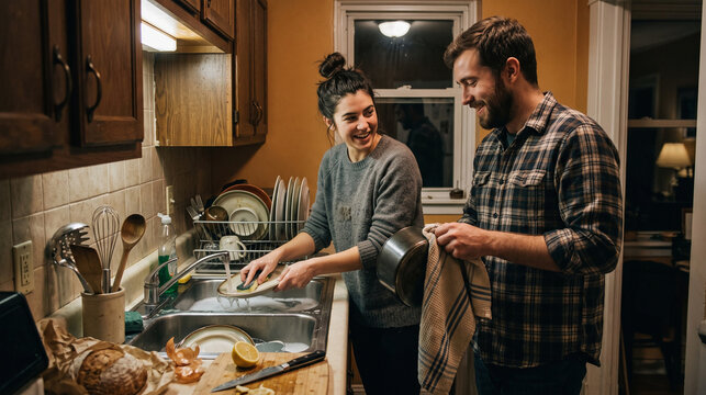 Friends pitch in to tidy a small apartment kitchen
