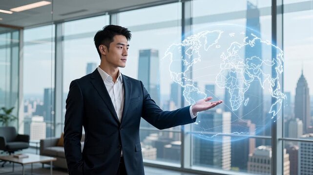 Business professional presenting a futuristic holographic world map in a modern office, symbolizing global business, international strategy, digital transformation.