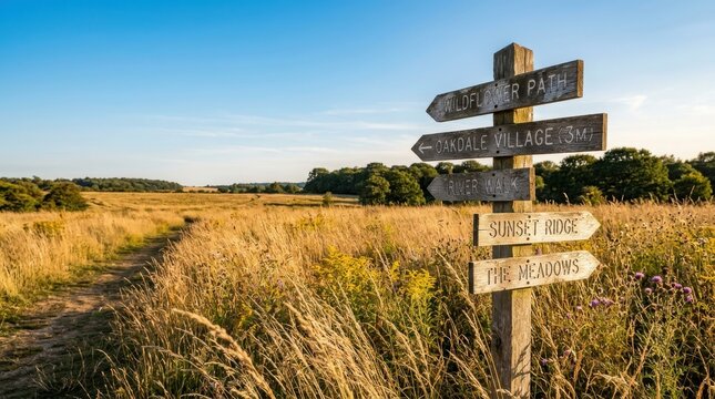 Wooden signpost with multiple directions in a grassy meadow