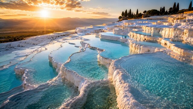 Travertine terraces with blue thermal pools at sunset, natural limestone landscape view.