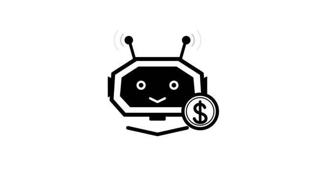 Minimalist AI bot icon with dollar coin, robotic financial assistant animation, black and white fintech automation concept