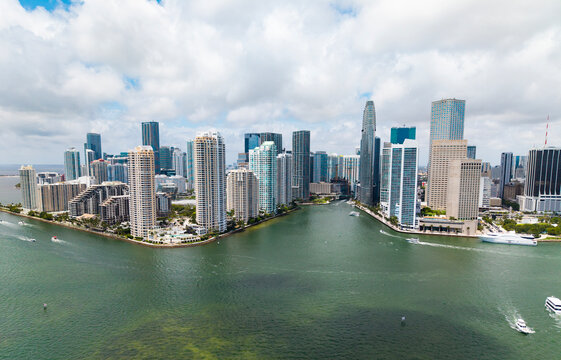 Aerial view of Brickell skyline in downtown Miami. Skyscrapers above Miami. Scenic panorama of Brickell financial district. Brickell in Miami city. Brickell Urban landscape with buildings cityscape.