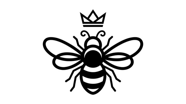 Minimalist queen bee logo icon, black line art honey bee with crown, elegant royal insect symbol on white background