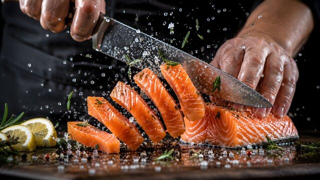 Chef slicing fresh raw salmon fillet with knife on wooden board with herbs and salt
