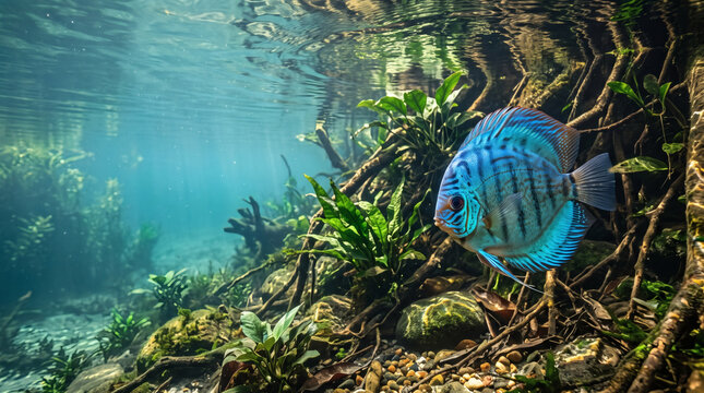 Blue discus fish swimming underwater among aquatic plants and sun rays