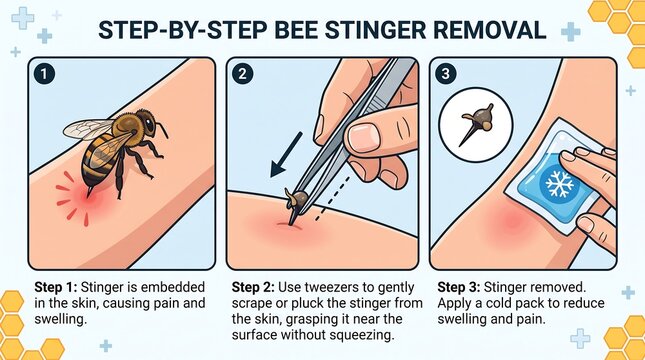 Step-by-step bee stinger removal infographic, first aid guide for insect bites, medical illustration of stinger extraction and cold pack treatment