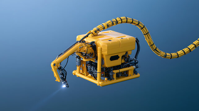 A yellow underwater remote operated vehicle with a robotic arm and tether cable floating in deep blue ocean water for marine research work