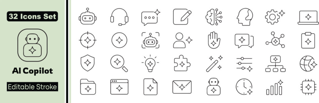 32 AI Copilot Vector Outline Icons Set &ndash; Artificial Intelligence, Smart Assistant, Chatbot, Automation, Neural Network and Digital Technology Line Symbols Collection