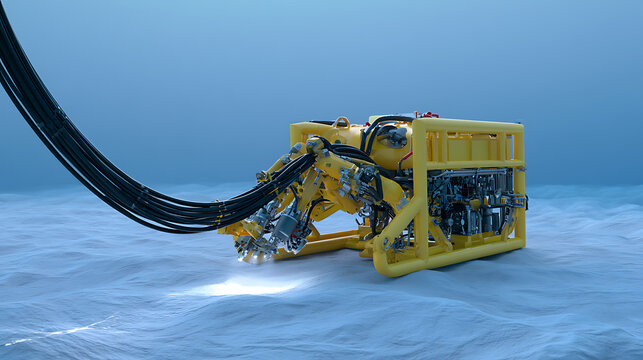 Remotely operated underwater vehicle explore ocean floor, yellow submersible drone work deep sea trench, submarine marine industrial project