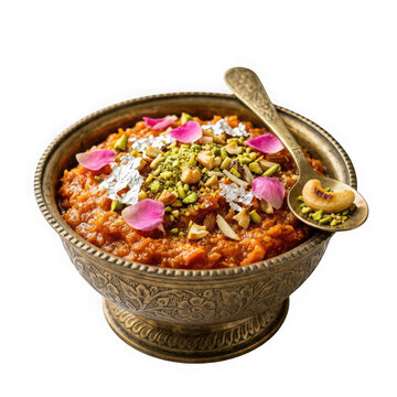 Gajar ka halwa in an ornate brass bowl isolated on transparent background