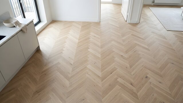 Modern light wood herringbone floor in a bright kitchen and hallway