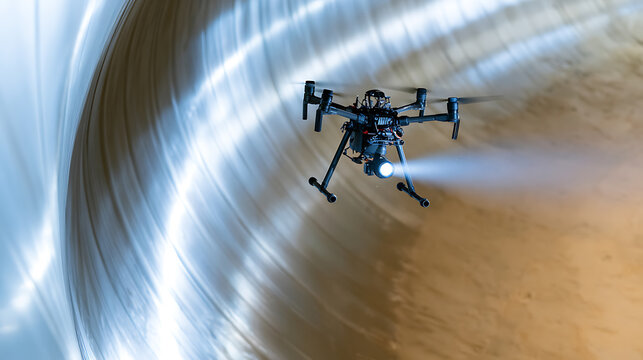 Industrial drone fly inside large metal pipe structural inspect tool advanced technology equipment machine work power plant facility clean tube