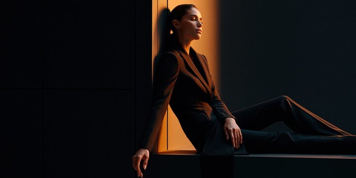 Elegant woman illuminated by golden sunlight and shadow