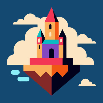 Fantasy floating castle on rocky island with fluffy clouds and blue sky for storybook setting or magical kingdom gaming concepts.