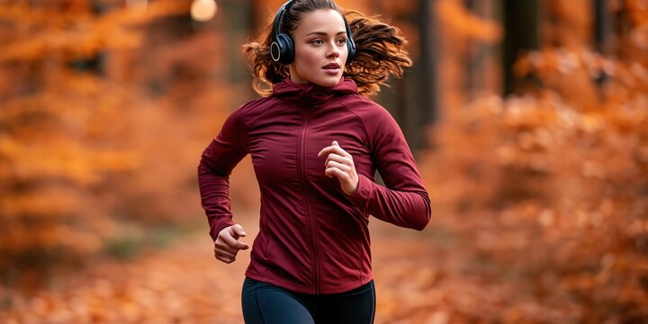 Autumn run energetic woman enjoying outdoor exercise