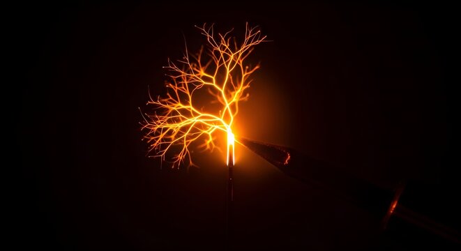 Striking Electric Spark Discharge Against Dark Night Sky with Glowing Branches
