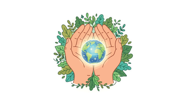 Human hands holding small glowing earth globe surrounded by green leaves representing environmental protection