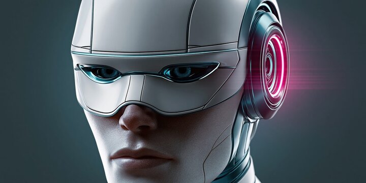 Advanced robotic face with futuristic design and glowing accents