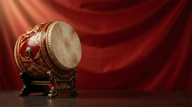 Dramatic studio lighting highlights a traditional japanese taiko drum on a dark background