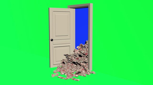 Door opening with stacks of chinese yuan banknotes flowing out representing wealth and opportunity