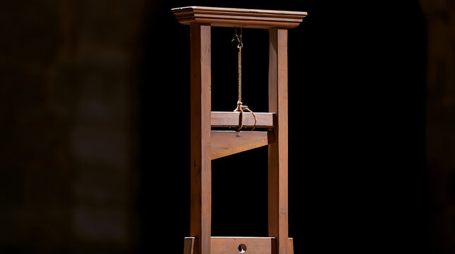 Vintage wooden guillotine execution device isolated on black background, historical capital punishment instrument for legal justice concept