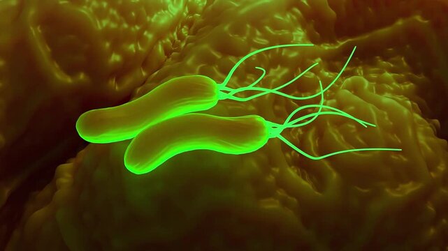 Microscopic view of glowing green bacteria with flagella moving against a textured background microorganism biology science