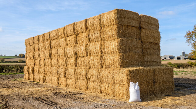 Large stack of square dry hay bales stored in a rural farm field under a bright blue sky