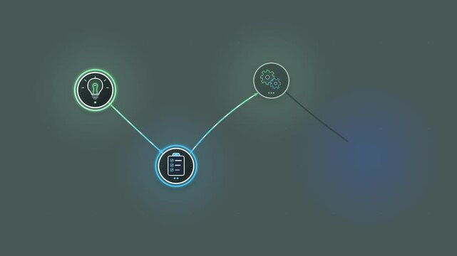 Animated business infographic nodes, glowing process flow chart with icons, professional corporate strategy roadmap animation