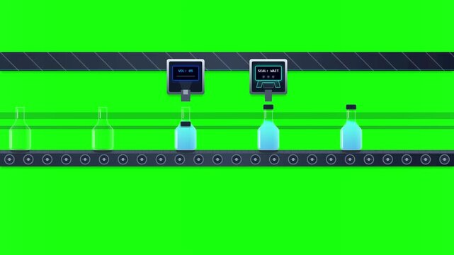 Automated factory conveyor belt system with bottles and robotic arms on green screen background flat vector illustration