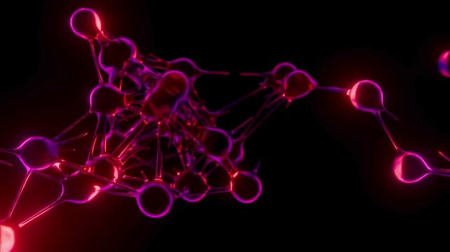 Glowing red neural network neurons transmitting electrical impulses in a dark abstract background brain synapse nervous system
