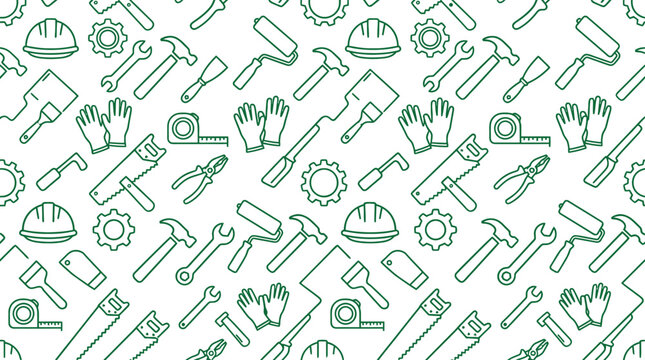 Green construction tools outline seamless pattern vector background with builder hardware, equipment, and work gear