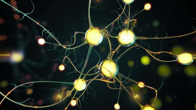 Glowing neural network with active synapses transmitting electrical impulses in the brain synapse connection brain cells neurons