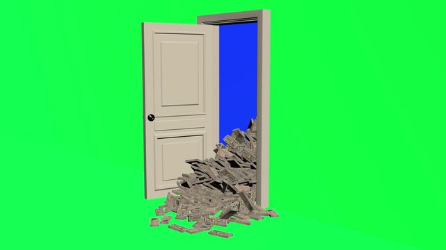 Door opening with stacks of japanese yen banknotes flowing out representing wealth and opportunity