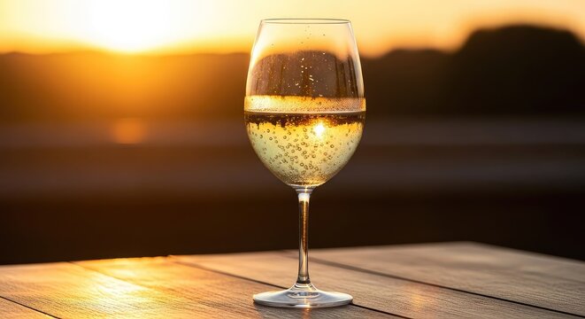 A crystal clear glass filled with golden white wine sits on a rustic wooden table during sunset, featuring elegant condensation and bubbles, glow, yellow, riesling