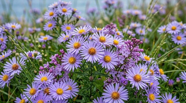 Purple aster flowers blooming in a lush green meadow