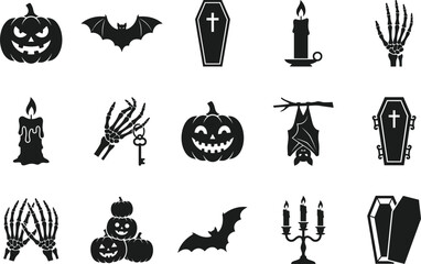 Fototapeta premium Assorted spooky halloween icons featuring coffins skeletons pumpkins bats and candles for seasonal holiday graphic design projects