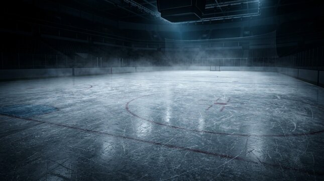 ice arena or an indoor hockey indoor, empty, dark rink with floodlights