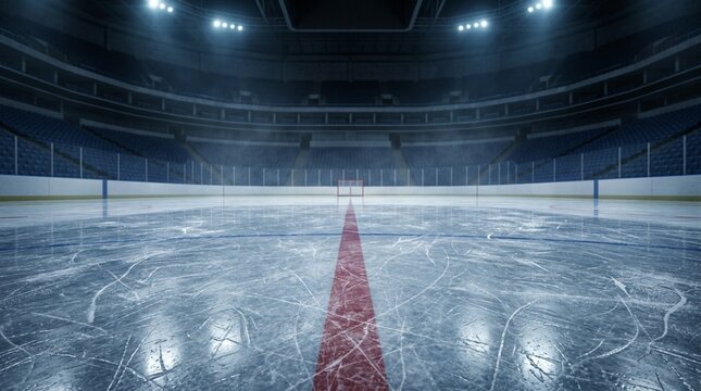 Empty ice hockey arena with bright stadium lights and scratched rink