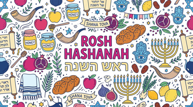Rosh Hashanah Jewish New Year colorful doodle banner with traditional honey apples challah bread menorah and holiday symbols