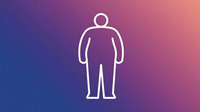 Minimalist white outline icon of a plus size male human body shape figure standing against a vibrant purple and orange gradient background