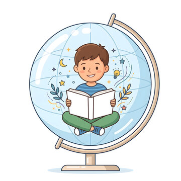 Boy Reading a Book Inside Transparent Globe Illustration Isolated on Transparent Background