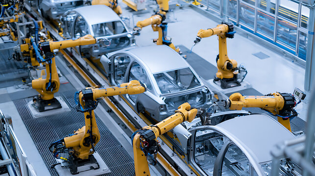 Automated robotic assembly line in modern car factory, yellow industrial robot arms weld metal vehicle frames in high tech facility production