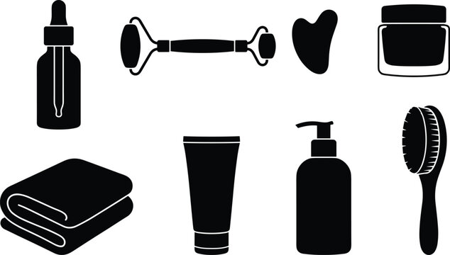Black silhouette vector collection of skincare products beauty cosmetics spa accessories jade roller and lotion bottles isolated